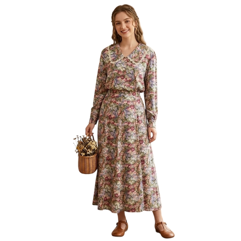 M Vintage Multicolor Floral Skirt Set Lace Collar Rayon